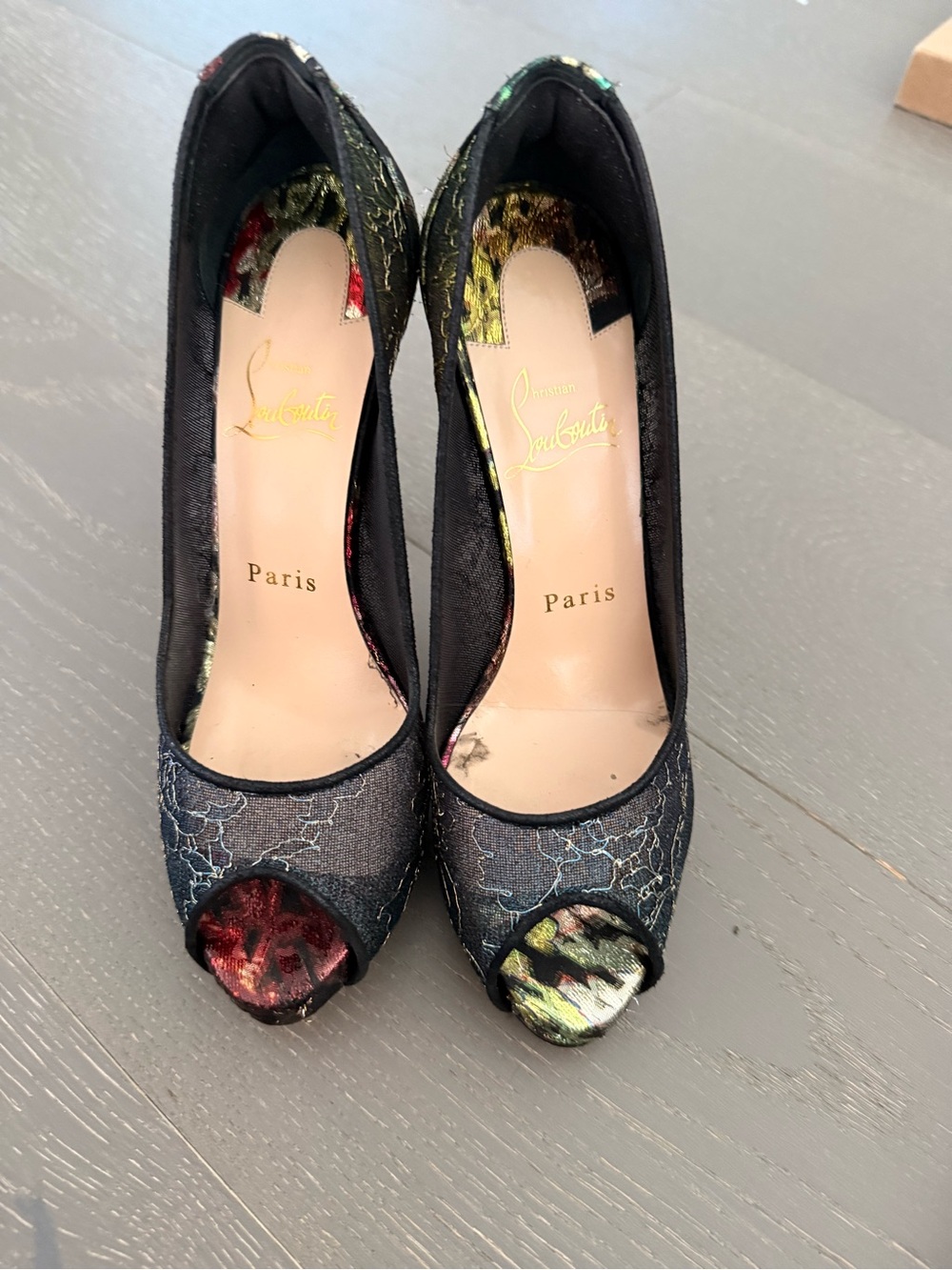 Christian Louboutin Black Floral Peep- Very lace 120 RETEDENT